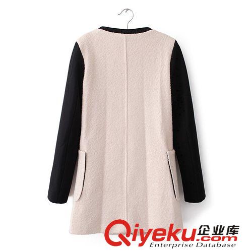 精品歐美外貿(mào)針織袖圓領(lǐng)撞色拼接時尚毛圈呢羊毛呢大衣外套