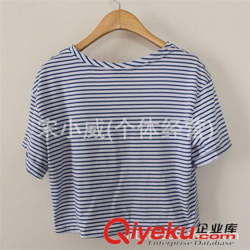 外貿(mào)原單女裝批發(fā) 2014夏裝 歐美條紋撞色短款T恤上衣女