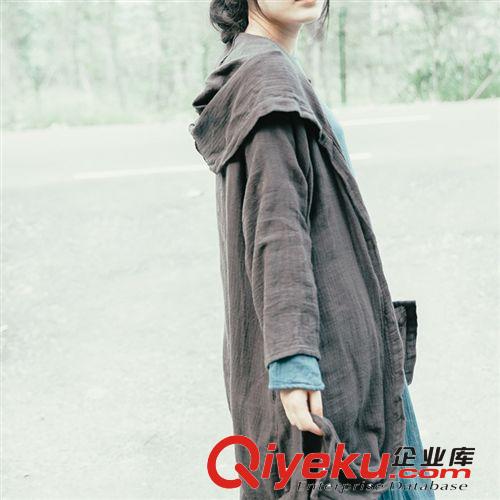 壹念原創(chuàng)  秋裝  黑灰?guī)泵蘼殚L袍開衫 女士風(fēng)衣罩衫原始圖片2