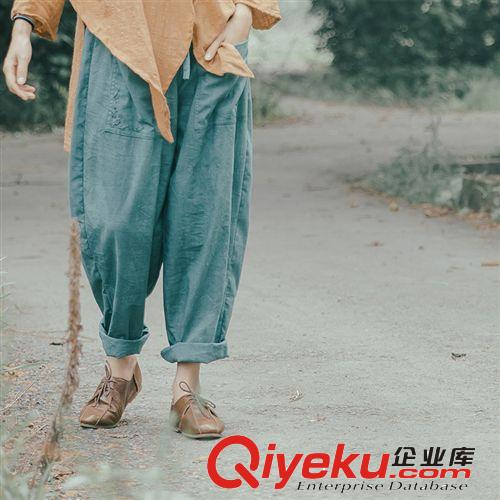 壹念原創秋冬棉麻手工繡花松緊系帶闊腿長褲 女士復古休閑褲
