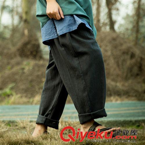 壹念原創設計 女式秋冬雙層棉斜紋寬松松緊腰手工扣休閑長褲
