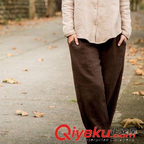 壹念原創設計 女式秋冬雙層棉斜紋寬松松緊腰手工扣休閑長褲