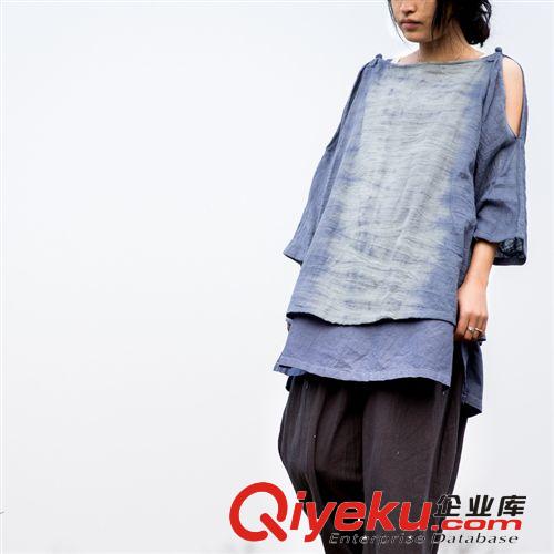 壹念原創 女士文藝手工扎染盤扣套頭棉麻中袖百搭女式T恤批發