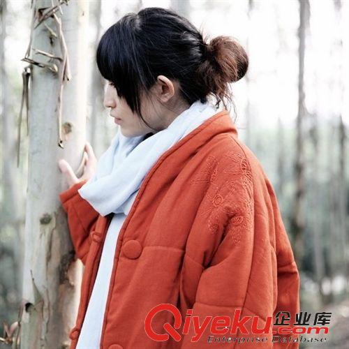 冬款壹念原創 女式棉麻高領手工刺繡中長棉衣服外套批發 文藝復古