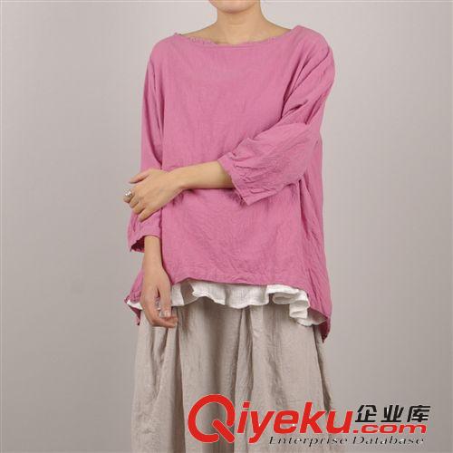 壹念原創(chuàng)  女式棉麻文藝風格手工刺繡七分袖上衣 藍色、粉色兩款