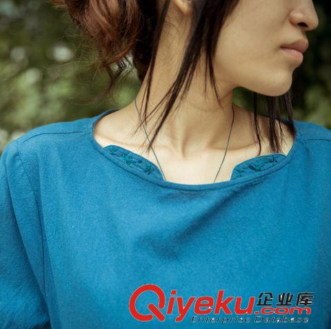壹念原創(chuàng)  女式棉麻文藝風格手工刺繡七分袖上衣 藍色、粉色兩款