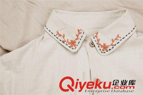 壹念原創(chuàng) 竹節(jié)棉麻手工刺繡長袖襯衫 寬松文藝清新原始圖片3