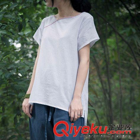 壹念原創女士夏裝純棉手工走線文藝百搭短袖套頭T恤 女式純棉T恤
