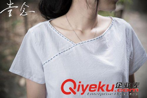 壹念原創(chuàng)女士夏裝純棉手工走線文藝百搭短袖套頭T恤 女式純棉T恤原始圖片2