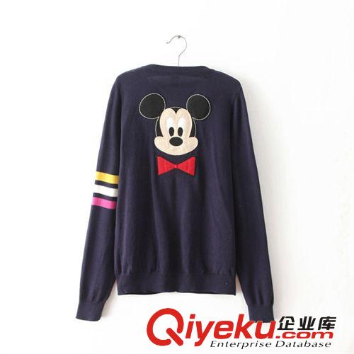 2014秋冬新款歐美外貿女裝批發米老鼠卡通貼布刺繡花毛衣開衫女式
