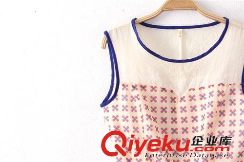 韓版批發(fā)代發(fā)2014女式歐根紗印花修身短裙女裝夏季可愛無(wú)袖連衣裙原始圖片2