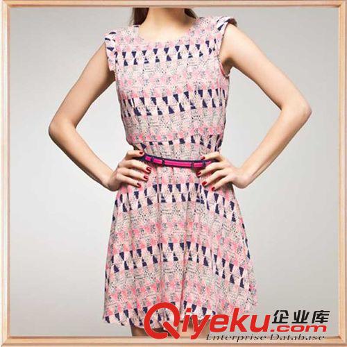 外貿(mào)2014夏季女式歐洲站格子印花百褶短裙女裝花邊無(wú)袖連衣裙代發(fā)
