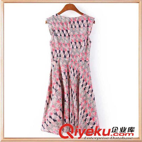 外貿(mào)2014夏季女式歐洲站格子印花百褶短裙女裝花邊無(wú)袖連衣裙代發(fā)