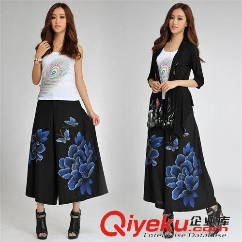 原創(chuàng)品牌 民族女裝中國(guó)風(fēng)手繪牡丹花寬松休閑九分棉麻裙褲 闊腳褲原始圖片2
