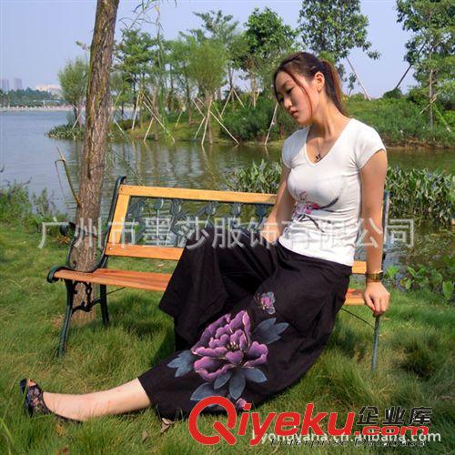 原創(chuàng)品牌 民族女裝中國(guó)風(fēng)手繪牡丹花寬松休閑九分棉麻裙褲 闊腳褲原始圖片3