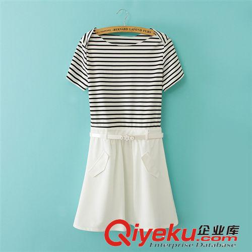 M&Y.yishe廠(chǎng)家直銷(xiāo)夏季新款小香風(fēng)條紋拼色短袖連衣裙夏季 有腰帶原始圖片2