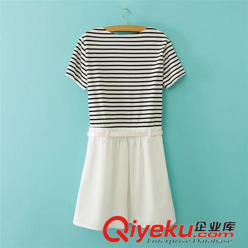 M&Y.yishe廠(chǎng)家直銷(xiāo)夏季新款小香風(fēng)條紋拼色短袖連衣裙夏季 有腰帶原始圖片3