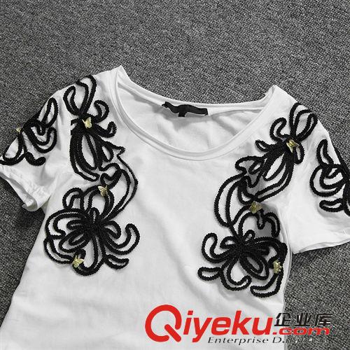 LH歐洲站 2014春裝新款時(shí)尚蒙紗刺繡立體裝飾前衛(wèi)修身百搭T袖女