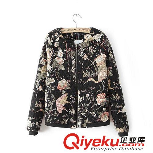 女裝2014秋冬新款歐美風(fēng)金色玫瑰鳥印花短款棉衣棉服外套