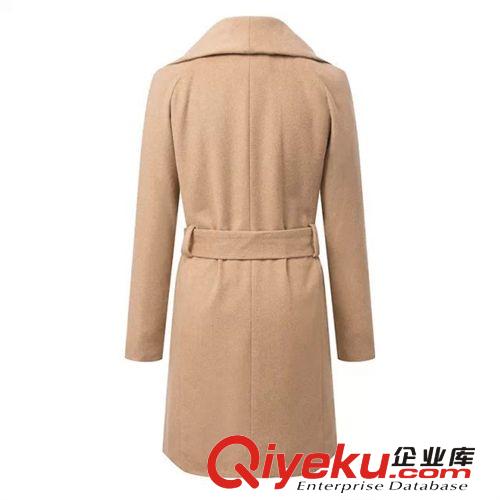 歐美秋冬新款女裝批發(fā) 時尚大氣大翻領(lǐng)羊毛呢腰帶風(fēng)衣外套原始圖片2
