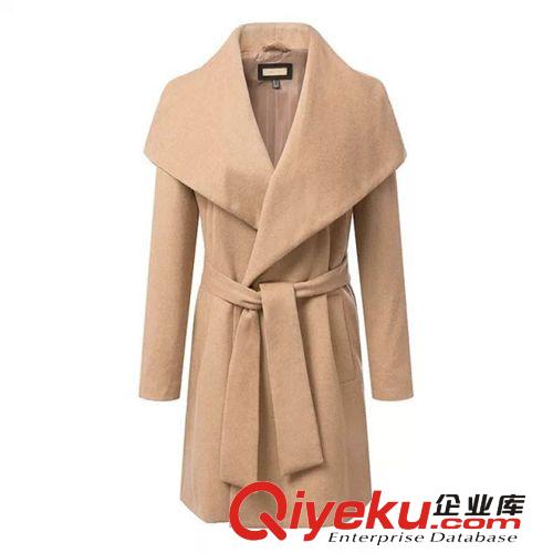 歐美秋冬新款女裝批發(fā) 時尚大氣大翻領(lǐng)羊毛呢腰帶風(fēng)衣外套原始圖片3
