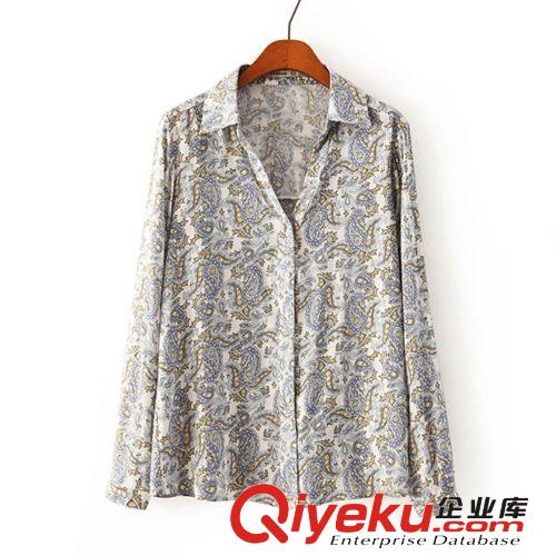2014秋季新款 歐美風人棉立領(lǐng)腰果印花襯衫 女式復古襯衣原始圖片3