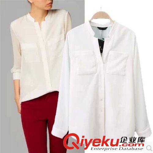 女裝 歐美風(fēng)2014秋季新款簡(jiǎn)單款V領(lǐng)長(zhǎng)袖襯衫純色 襯衣