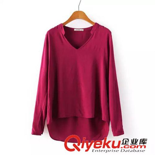 女裝 歐美風(fēng)2014秋季新款簡(jiǎn)單款V領(lǐng)長(zhǎng)袖襯衫純色 襯衣