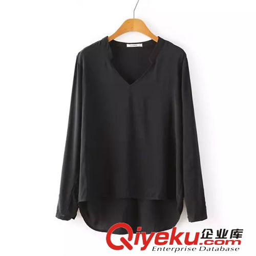 女裝 歐美風(fēng)2014秋季新款簡(jiǎn)單款V領(lǐng)長(zhǎng)袖襯衫純色 襯衣