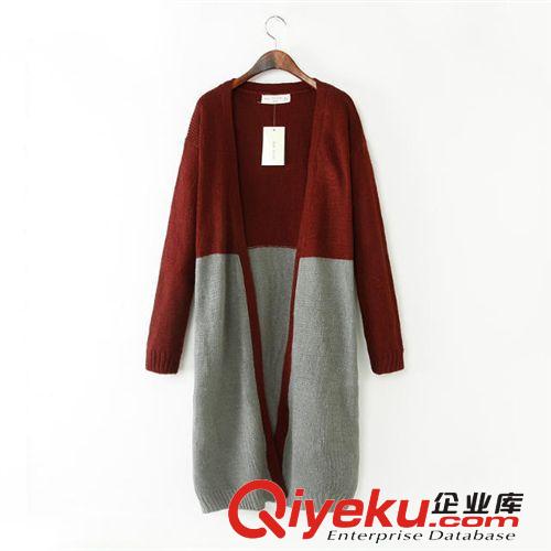 歐美大牌新款2014秋冬女裝拼色長(zhǎng)款開(kāi)衫式針織衫 外套原始圖片2