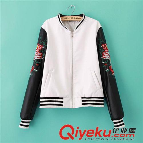 2014秋冬新品 歐美范刺繡拼皮長袖夾克外套立領(lǐng)拉鏈上衣原始圖片2