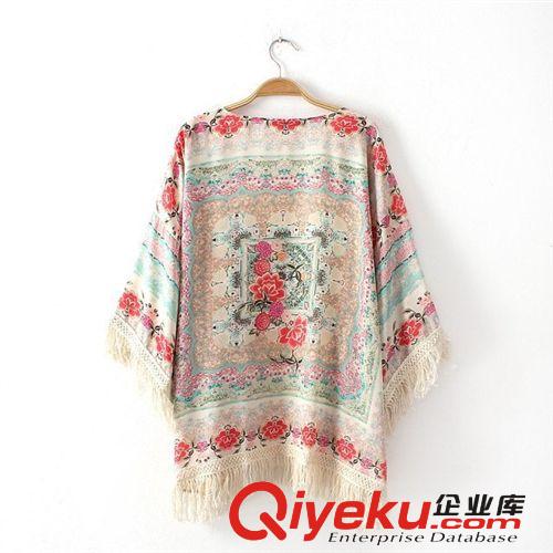 歐洲站新品 名族風(fēng)定位印花流蘇披肩開衫外套女 寬松防曬衫