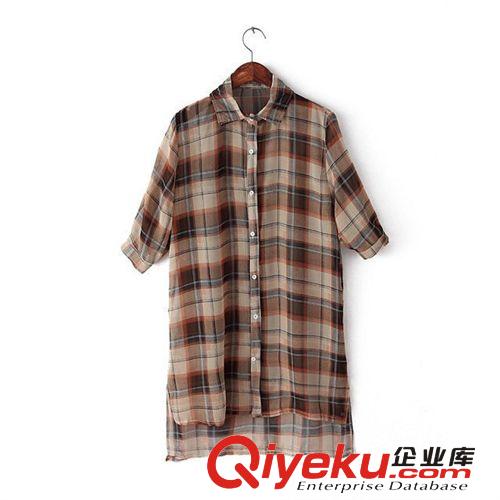 春夏新款韓國復古大格子寬松漸變雪紡長款短袖襯衫外套女原始圖片2