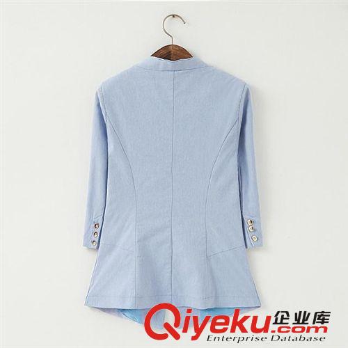 廠家直銷歐美秋季新款棉麻七分袖暗扣寬松V領西裝西外套女原始圖片3