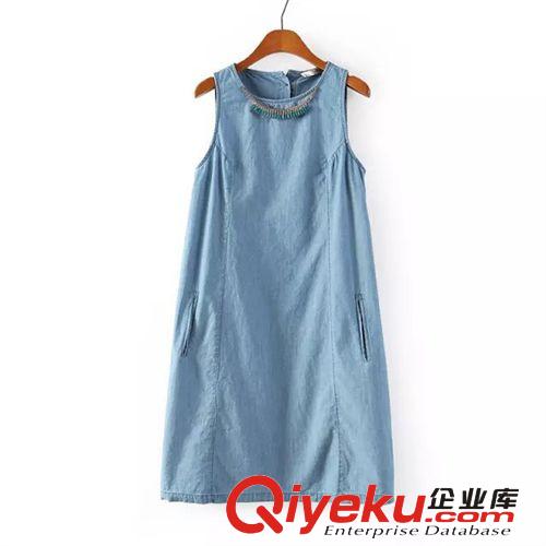 歐美風(fēng)2014夏季新款女裝批發(fā) 領(lǐng)扣裝飾牛仔色棉麻連衣裙
