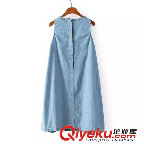 歐美風(fēng)2014夏季新款女裝批發(fā) 領(lǐng)扣裝飾牛仔色棉麻連衣裙