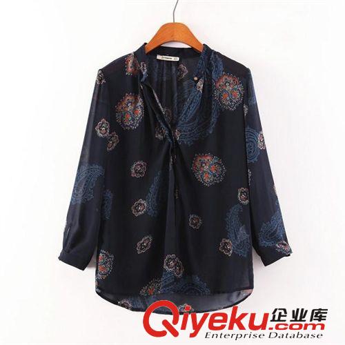 女裝2014秋季新款歐美風(fēng)雪紡腰果圖騰印花長(zhǎng)袖襯衫襯衣
