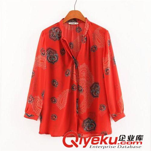 女裝2014秋季新款歐美風(fēng)雪紡腰果圖騰印花長(zhǎng)袖襯衫襯衣
