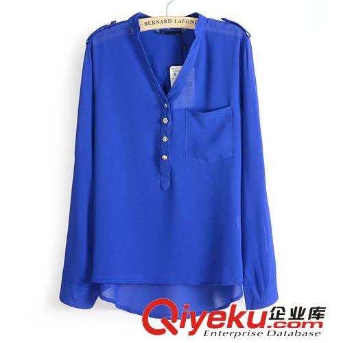 1835-0.15 批發(fā)2014春夏新款歐美肩章V領(lǐng)長(zhǎng)袖雪紡衫襯衣 可卷袖原始圖片2