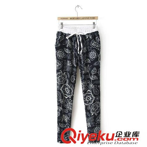 2243-0.4 批發(fā)女褲春夏新款棉麻青花瓷印花收腰系帶哈倫褲小腳褲原始圖片2