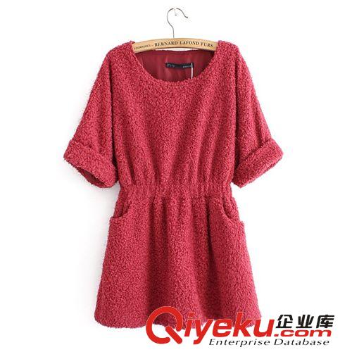 2820-0.35 批發(fā)秋冬新款圓領(lǐng)羊羔絨寬松中袖厚連衣裙原始圖片2