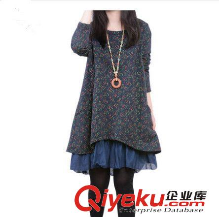 2014秋季新款女裝大碼韓版碎花假兩件休閑時(shí)尚潮長(zhǎng)袖連衣裙8328