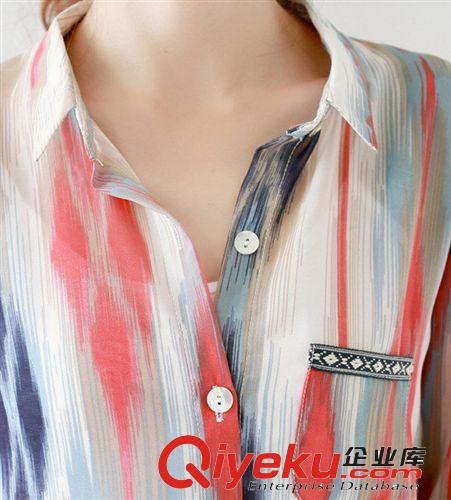 韓國東大門新款長袖女襯衣 百搭混色條紋刺繡襯衣防曬衣原始圖片3