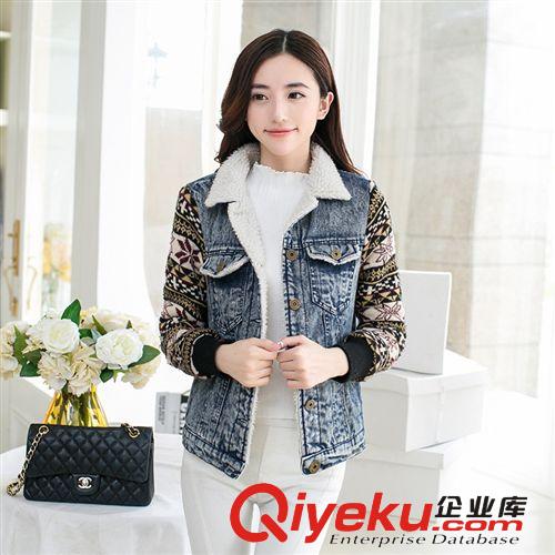 實拍秋冬季女裝翻領加厚針織加絨拼接長袖短款牛仔棉衣外套