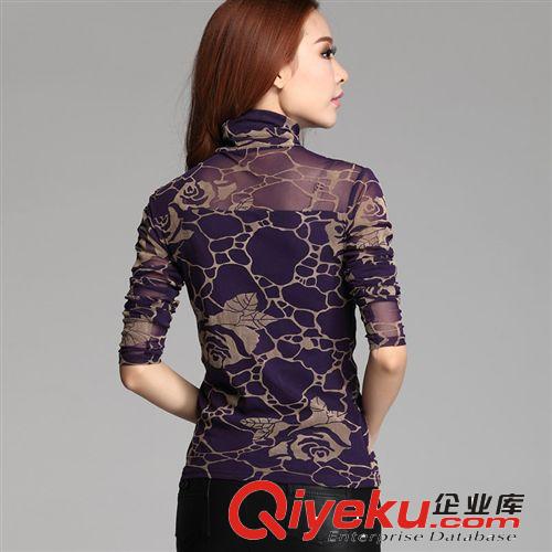 秋裝修身韓版紗衣玫瑰花高領(lǐng)網(wǎng)紗打底衫女長(zhǎng)袖t恤原始圖片2