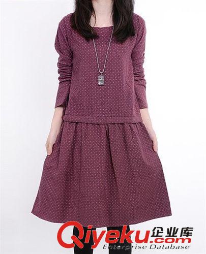 2014新品韓版女裝大碼休閑松緊帶波點(diǎn)拼接長(zhǎng)袖連衣裙原始圖片2