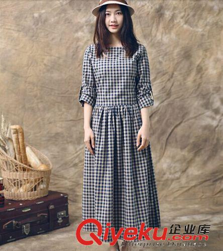 2014秋款森女系復(fù)古文藝范小學(xué)院風(fēng)寬松棉麻長(zhǎng)袖格子連衣裙原始圖片2