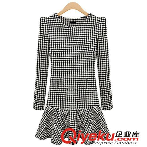歐洲站2014秋裝新款圓領(lǐng)長袖荷葉邊連衣裙歐美女裝千鳥格打底裙子