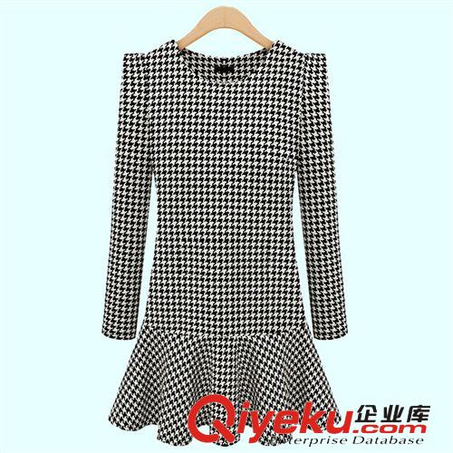 歐洲站2014秋裝新款圓領(lǐng)長袖荷葉邊連衣裙歐美女裝千鳥格打底裙子