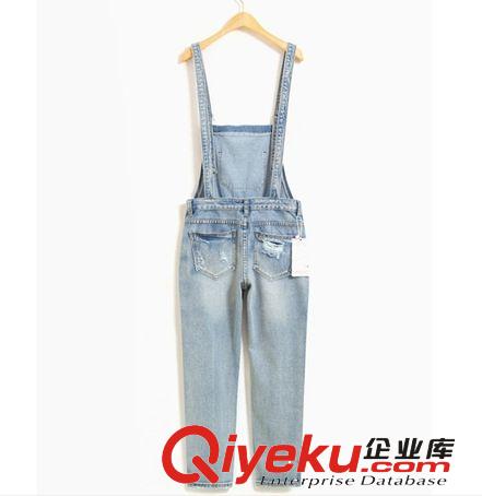 2014韓國(guó)代購(gòu) 拉絲破洞個(gè)性時(shí)尚顯瘦牛仔背帶褲 長(zhǎng)褲 女原始圖片2